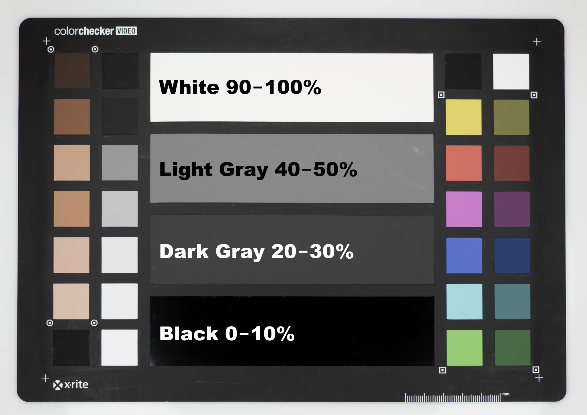 X-Rite Color Checker Video with IRE and % percentage levels. White = 90-100% or 90-100 IRE, Light Grey Gray = 40-50% or 40-50 IRE, Dark Grey Gray = 20-30% or 20-30 IRE, Black = 0-10% or 0-10 IRE