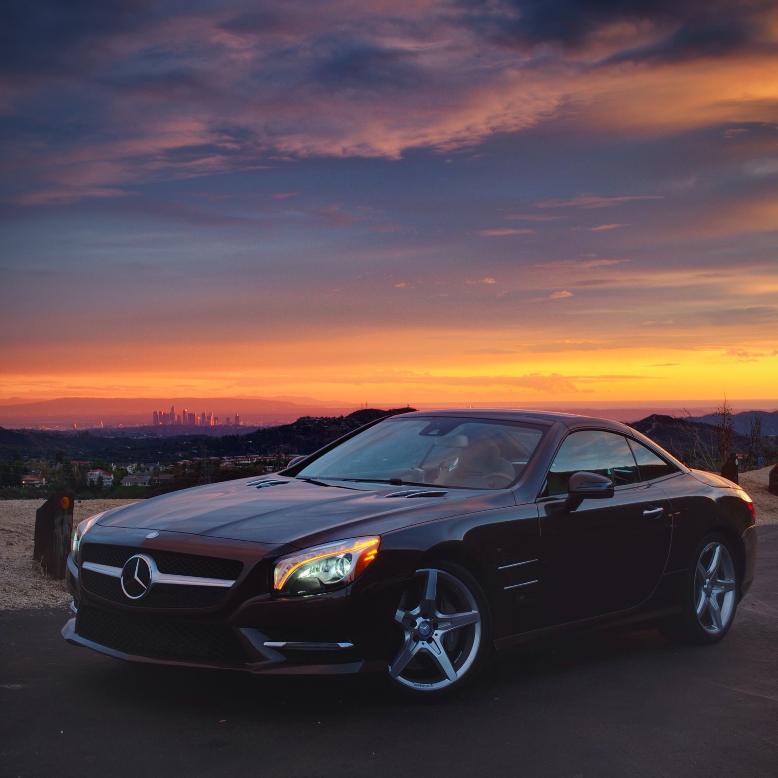Mercedes-Benz photo with the Los Angeles skyline, shot on a Micro four thirds camera