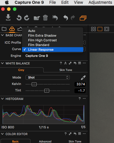 Linear Curve in Capture One Pro