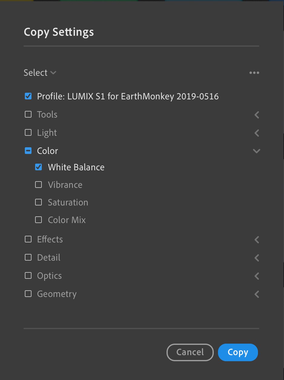 The Choose Edit Settings to Copy dialog in Lightroom