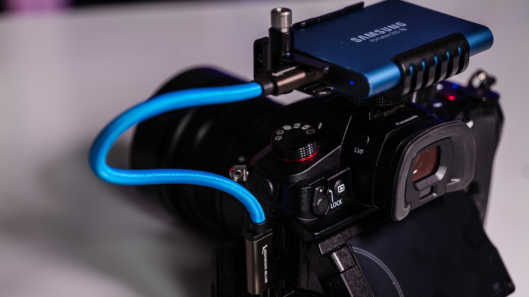 Panasonic LUMIX GH6 running firmware v2.2 with Kondor Blue's Samsung T5 SSD holder and 8.5ʺ USB-C to USB-C cable