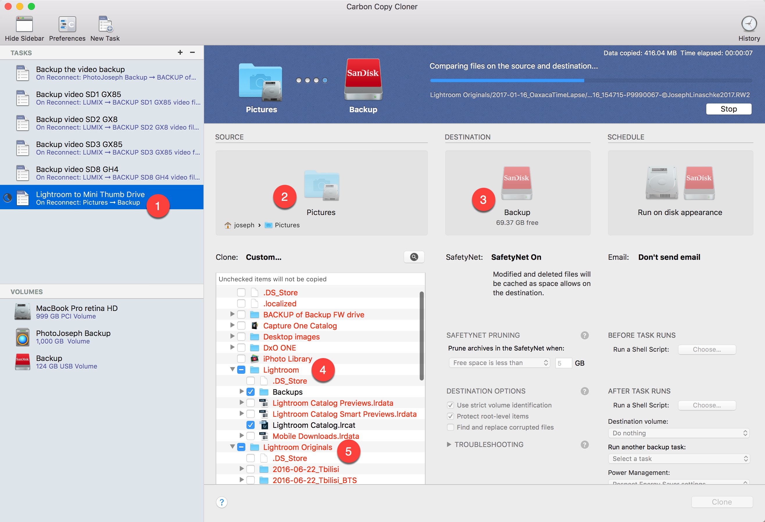 The backup Task to copy all original photos and Lightroom backups to my tiny SanDisk USB flash drive