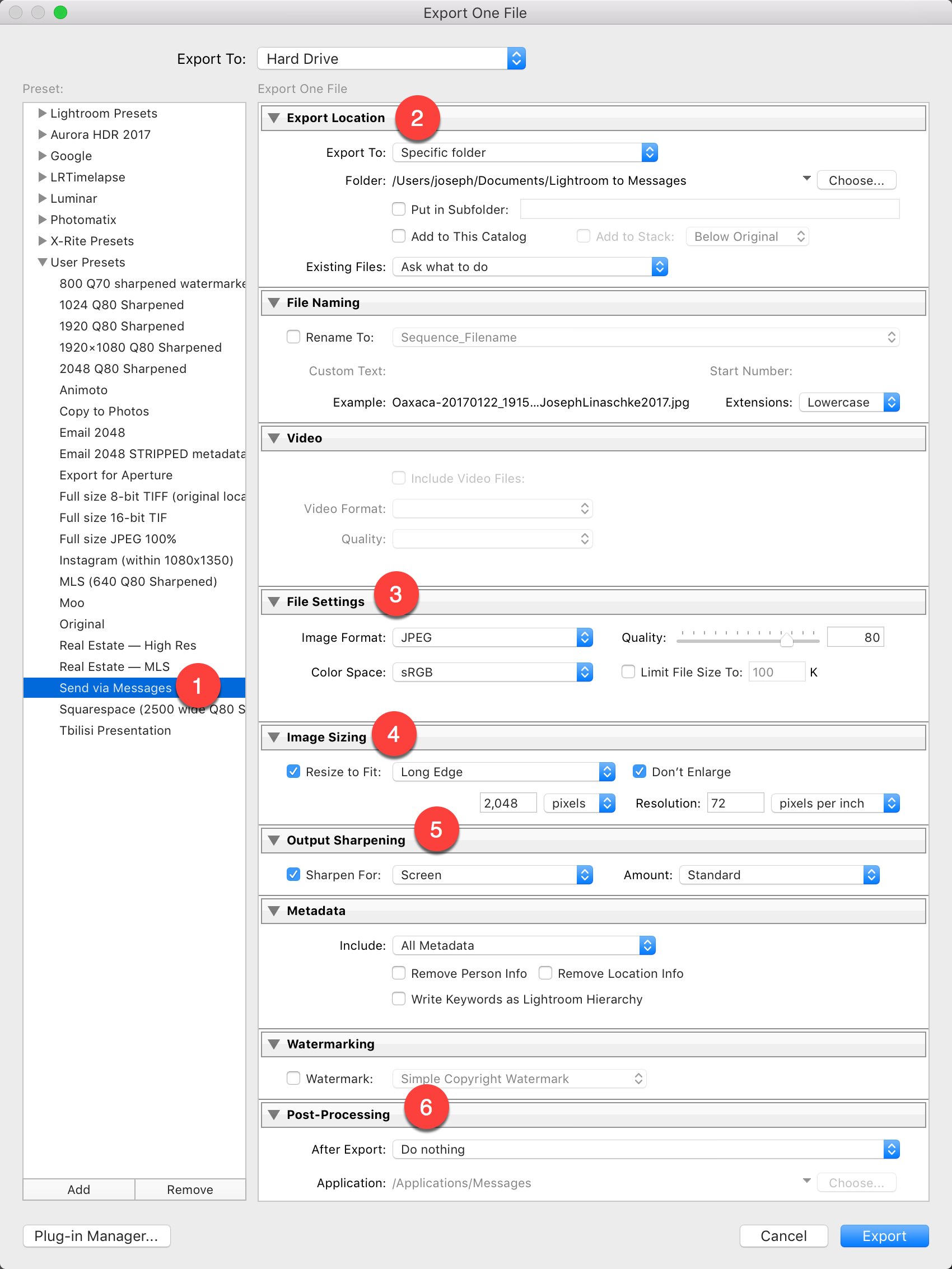 The Lightroom export dialog with a preset for exporting to Messages