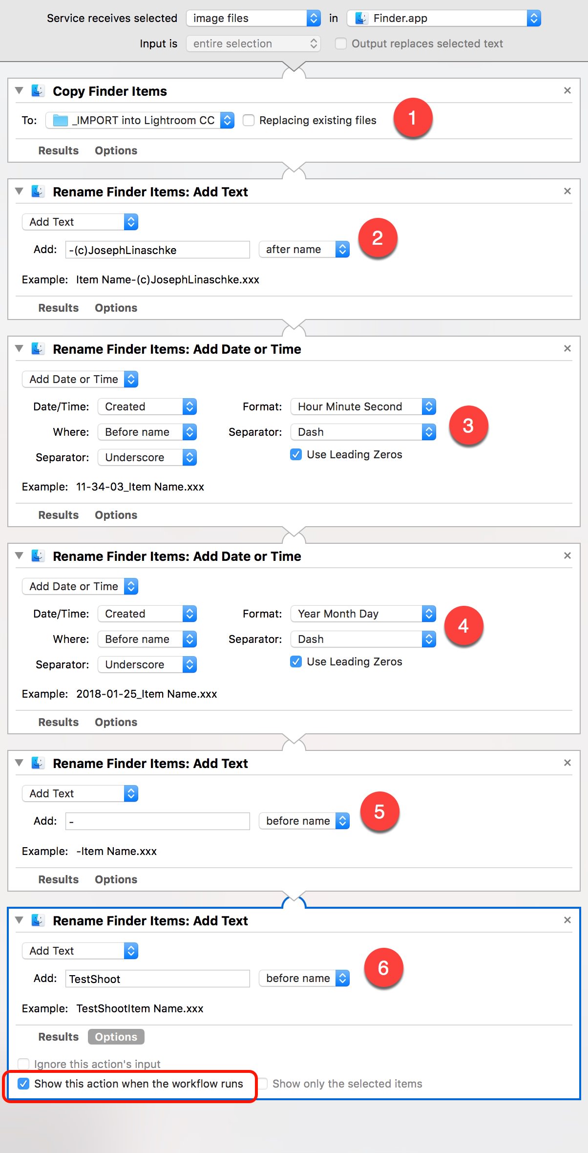 The Automator action that copies and renames files before import