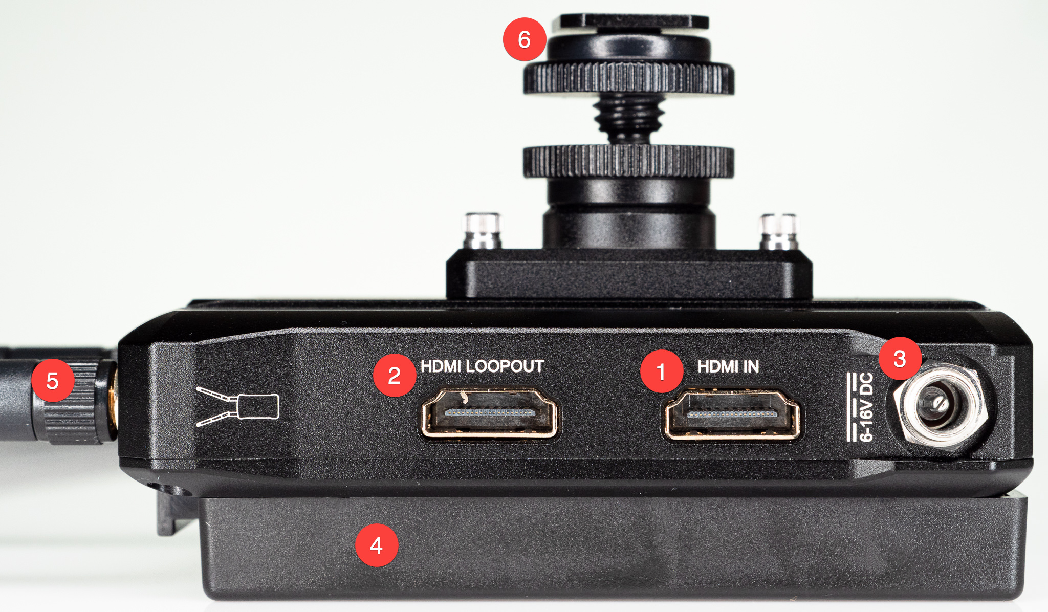 Hollyland Mars 300 Transmitter Right side (HDMI IN, HDMI LOOPOUT, DC INPUT, COLD SHOE, NP BATTERY MOUNT, ANTENNAS)