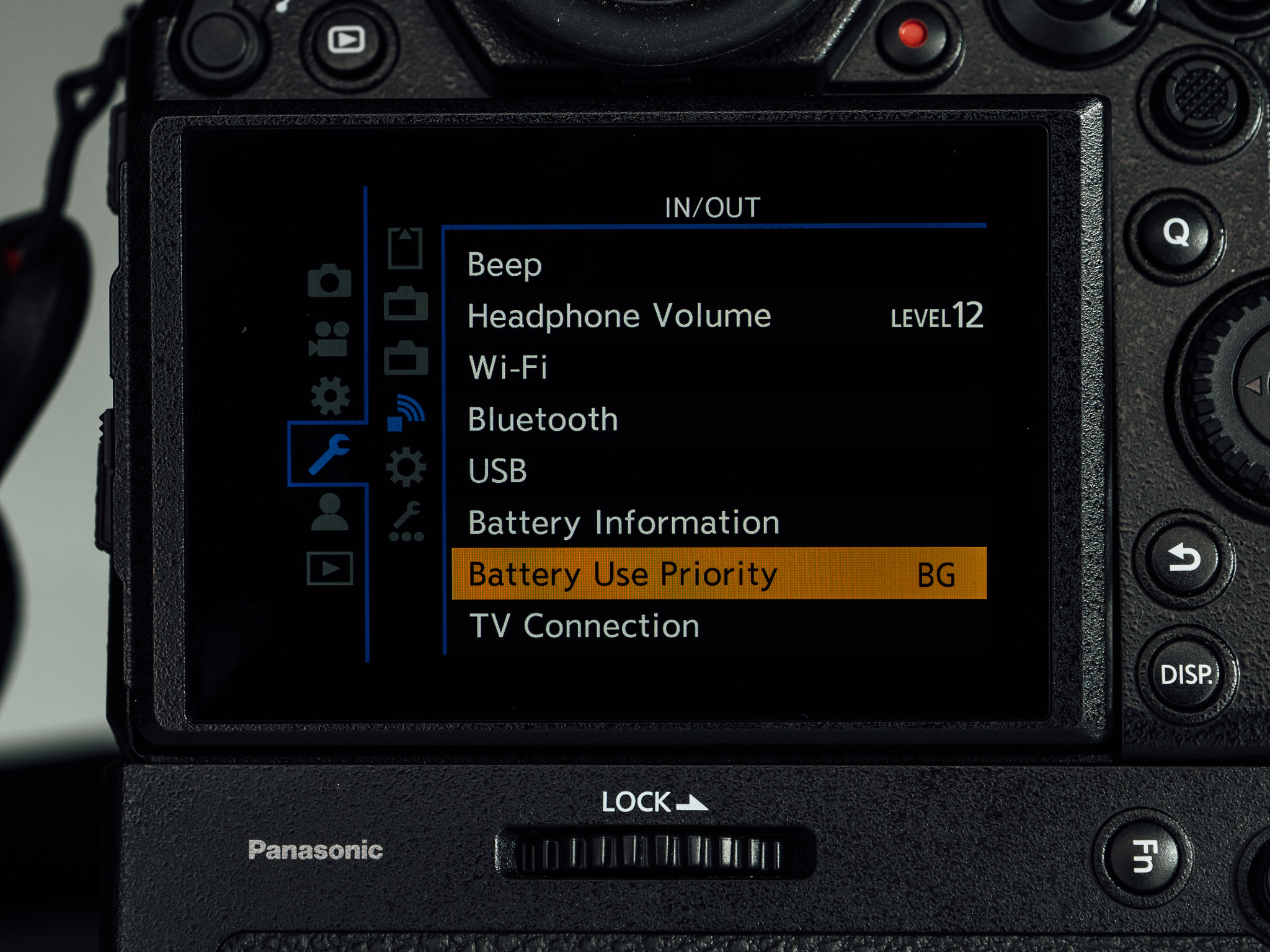 Wrench (setup menu) > IN/OUT > Battery Use Priority on the LUMIX S1 and S1R