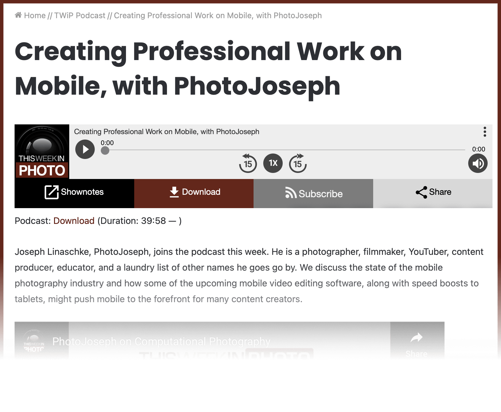 I was once again a guest on Frederick Van Johnson's "This Week in Photo" podcast, where we talked about mobile photo and video editing, and the future of AI in image making!