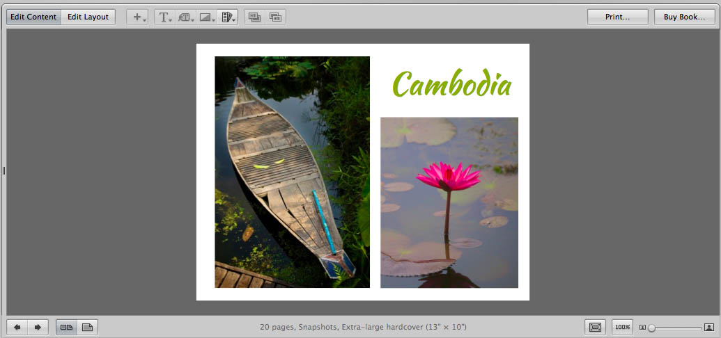 A book layout created in Aperture 3 featuring images from Cambodia with stylized text